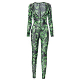 Sexy Deep V Long Sleeve Hollow out See-through Skull Mesh One-Piece Trousers for Women