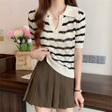 Preppy Aesthetic Sweater Green Striped V-neck Summer Short Sleeve Sweater