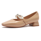 Nude Block Heels Closed Toe Pearl Chunky Heel Pumps Female Autumn Women's Fashion Shoes