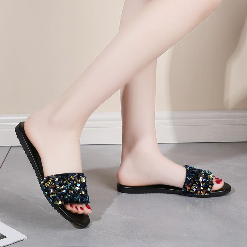 Women Open Toe Sandals Flats Summer Casual Slippers Flat Bottom Sequin Beach Shoes