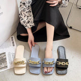 Women Open Toe Sandals Flats Summer Metal Chain Square Toe Flat Women's Shoes