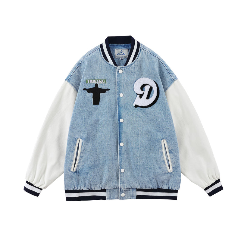 Baby Blue Varsity Jacket Hip Hop Retro Baseball Uniform Men's Loose Thorn