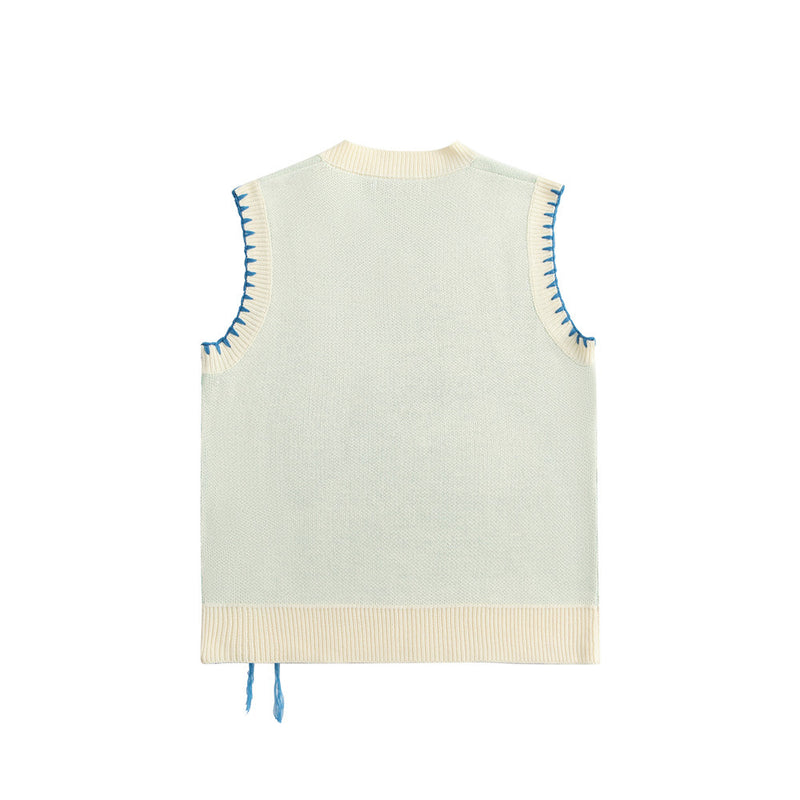 Men Sweater Vest Hand Stitching Color Matching Sweater Waistcoat Men's Loose V-neck Sleeveless Sweater Vest