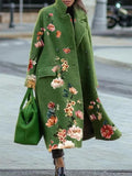 90S Fashion Fall Winter Coat Solid Belt Pless Lapel Loose Green Coat