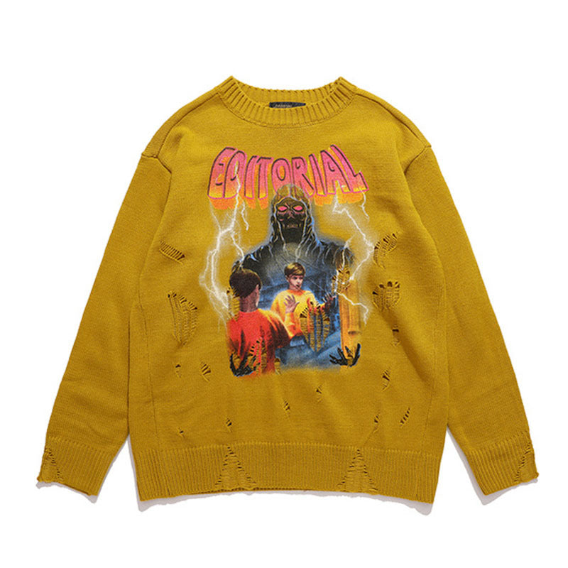 Mens Fall Outfits Autumn and Winter High Street Cartoon Graffiti Sweater Men's and Women's Retro Loose Pullover Ripped Sweater