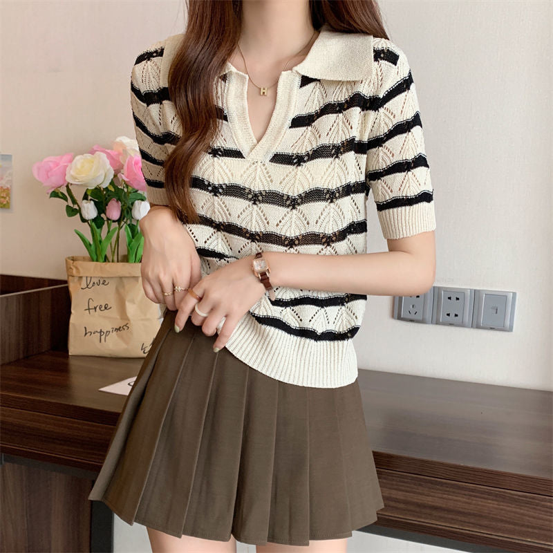 Preppy Aesthetic Sweater Green Striped V-neck Summer Short Sleeve Sweater