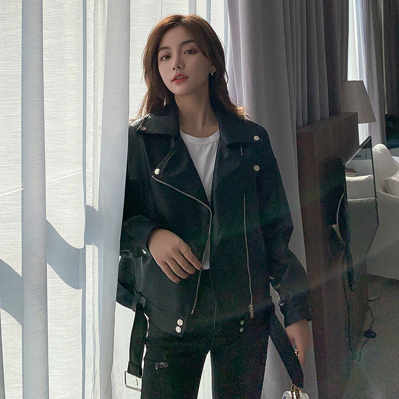 Cute Leather Jacket Spring and Autumn Loose Short Top Biker's Leather Jacket