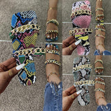 Women Open Toe Sandals Flats Summer Snake Pattern One-Word Metal Chain Sandals for Women