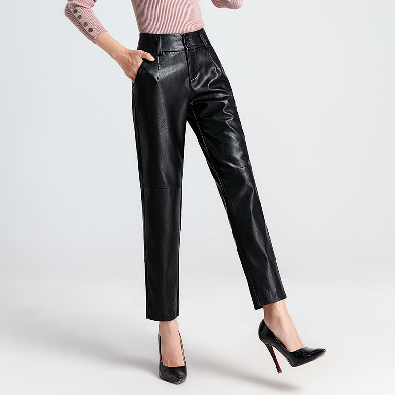 Brown Leather Pants Autumn and Winter Women's Leather Pants Pencil Pants High Waist Sheepskin Skinny Trousers