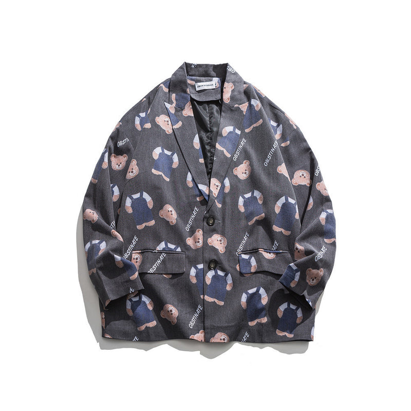 Men's Casual Suit Man Blzer Cartoon Bear Full Printed Casual Suit Jacket Men's BF Idle Style Loose Suit Top