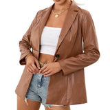 Cute Leather Jacket Mid-Length Slim-Fit Single-Breasted Trench Coat Solid Color PU Biker's Leather Jacket Top for Women