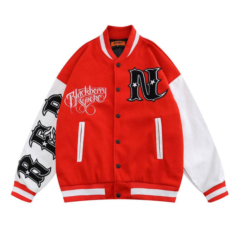 Blue Varsity Jacket Letter Badge Color Matching Color Contrast Personal Leisure Baseball Uniform Youth Handsome Leather Jacket Jacket
