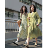 Aesthetic Dress Spring French Retro Dress Women's Green Long Dress V-neck