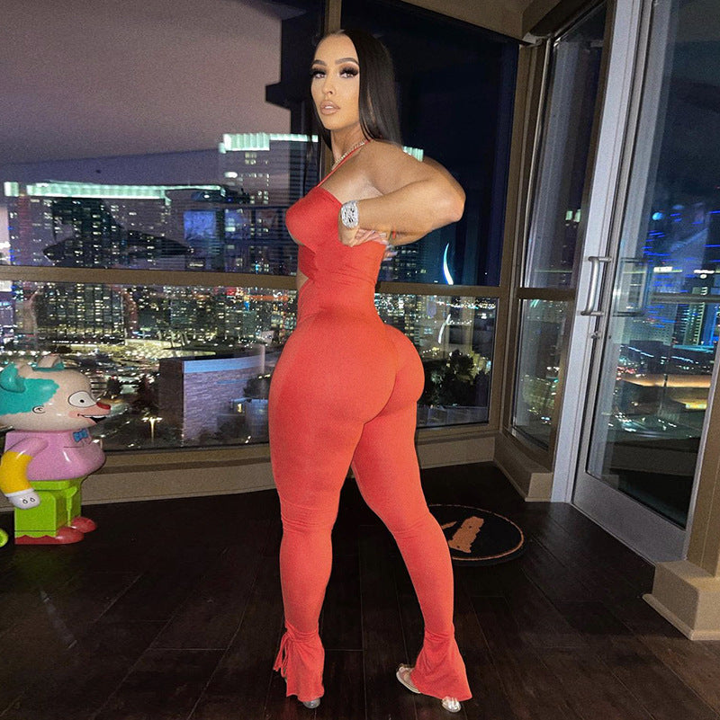 Summer Solid Color Sleeveless Drawstring Strap Backless Slim Fit Trousers Jumpsuit