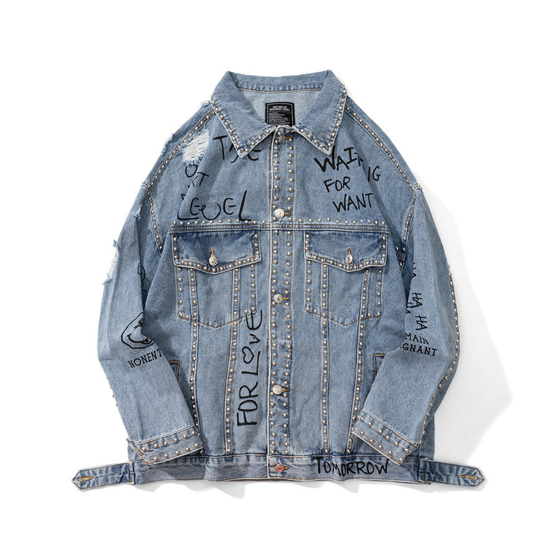Men Denim Coat Jean Jackets Letter Graffiti Beaded Ripped Denim Jacket Men Loose Lapels Denim Clothes Jacket