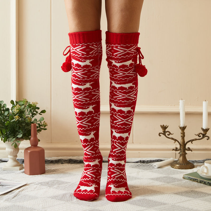Winter Chunky Cable Thick Knit Thigh High Socks Long Stockings Boot Christmas Stockings Elk with Ball Knit Loose Stockings