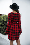 Gingham Dress Autumn and Winter Plaid Shirt Lace-up V-neck Long-Sleeve Dress