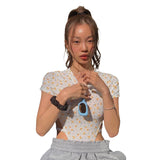 Music Festivals Rave Outfits Girls Tops Summer Women's Fashion Floral Slim-Fitting Short Sleeve Sexy