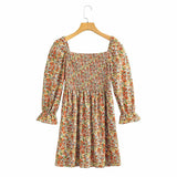 Women Fall Fall Two-Color Printed Dress Elastic Square Collar Skirt