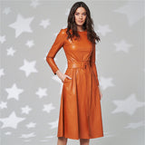 Burnt Orange Dress Autumn and Winter Leather Dress Simple round Neck Elegant Slim PU Leather Belt Dress for Women