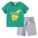 Children Pokemon Pikachu Hoodie T-shirt Shorts Two-Piece Suit Cotton