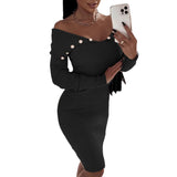 Winter Formal Dresses Button Waist-Controlled Long Sleeves Knitted Sheath Dress