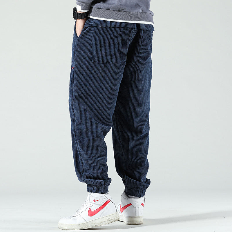 Mens Corduroy Pants Men's Autumn and Winter Fleece-Lined Thickened Casual Pants Loose Large Size Exercise Ankle-Tied Trousers