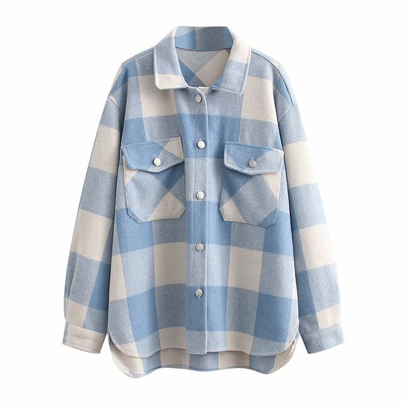 Women Fall Fall Plaid Woolen Shirt Coat Single-Breasted Mid-Length Top