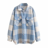 Women Fall Fall Plaid Woolen Shirt Coat Single-Breasted Mid-Length Top