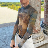 Rave Outfits Men Long Sleeve Shirt Spring Tight Long Sleeve Bottoming Shirt Vintage Printed