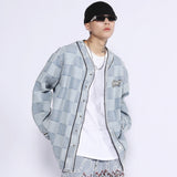 Men Denim Coat Jean Jackets Letter Print Plaid Denim Jacket Men's Washed Loose V-neck Cardigan Denim Jacket
