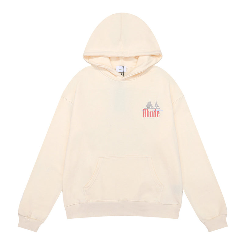 Rhude Hoodie Sailboat Printed Cotton Men and Women Couple Hooded Sweater