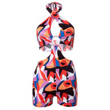 Spring Sleeveless Backless Sexy Bikini Printed Shorts Jumpsuit