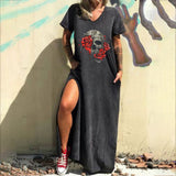 Skull Dress Amoi Printed Street V-neck Fashion Short Sleeve Loose Dress