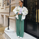 White Cropped Varsity Jacket Embroidered Retro Style Baseball Uniform Contrast Color Cotton-Padded Coat