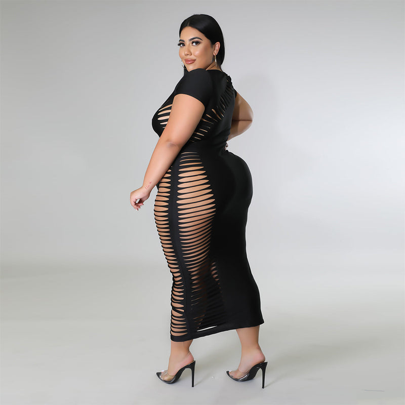 Nina Parker Black Dress plus Size Side Hollow Short Sleeve Dress