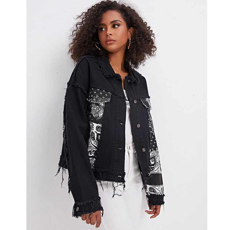 Women Denim Jacket Fashion Black Denim Jacket Spring and Autumn Print Turn-down Collar Coat