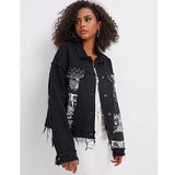 Women Denim Jacket Fashion Black Denim Jacket Spring and Autumn Print Turn-down Collar Coat
