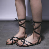 Women Open Toe Sandals Flats Summer Fashion Cross Lace-up Casual Sandals for Women
