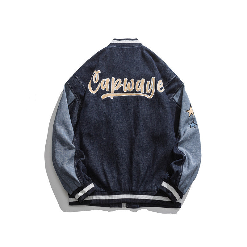 College Jacket Autumn Creative Embroidery Contrast Color Casual Denim Baseball Uniform Boys Loose Top