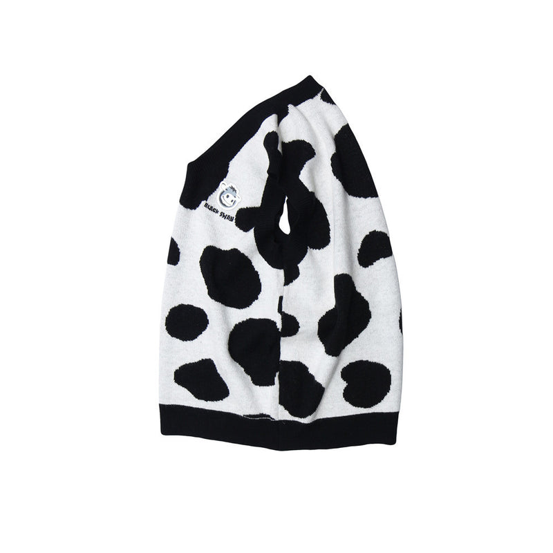Men Sweater Vest Cow Spot Contrasting Color Jacquard Sweater Vest Men's Loose V-neck Sleeveless Coat Sweater Vest
