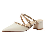Finn Chain Pointed Toe Mule Muller Shoe Tip Chunky Heel Slippers Female Mid Heel Slippers Spring and Summer Women's Shoes