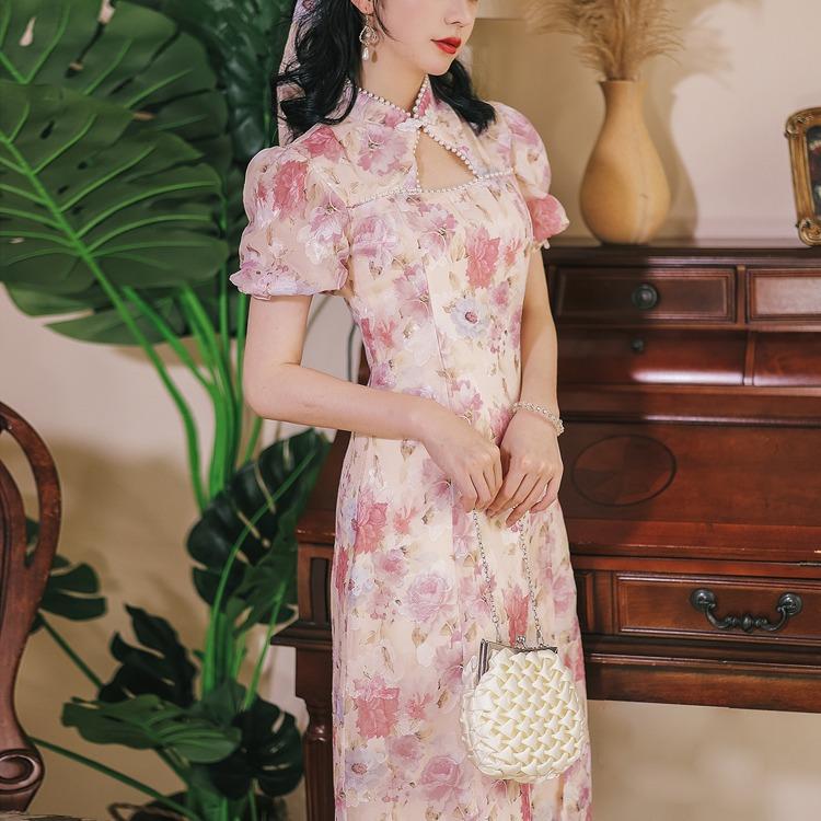Women's Cottagecore Dress Summer Girl Cheongsam Dress Women's Puff Sleeve Waist-Slimming Slimming Floral Skirt