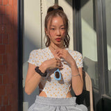 Music Festivals Rave Outfits Girls Tops Summer Women's Fashion Floral Slim-Fitting Short Sleeve Sexy