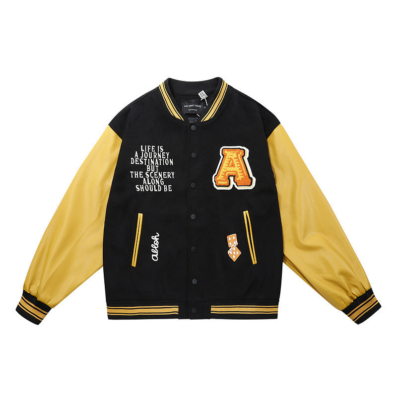 Yellow Varsity Jacket Vintage Baseball Uniform Jacket Men's and Women's Letter Badge Towel Embroidered Pu Sleeve Multicolor Jacket