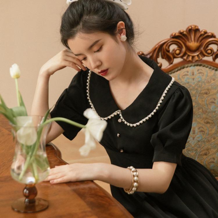 Women Retro Cottagecore Vintage Dress Summer Retro Short Sleeve Pearl Collar Black Corset Slimming Midi Dress