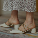 Finn Chain Pointed Toe Mule Muller Shoe Tip Chunky Heel Slippers Female Mid Heel Slippers Spring and Summer Women's Shoes