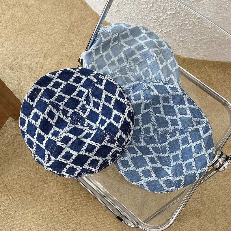 Check Beret Hat Plaid Denim Thin Painter Cap