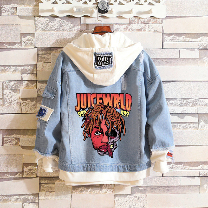 Comic Denim Jacket Printed Fashionable Loose Men's Hooded Jacket