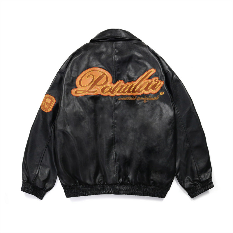 Black Varsity Jacket Men's PU Leather Jacket Autumn Coat Motorcycle Men's Letter Embroidered Complex Cardigan